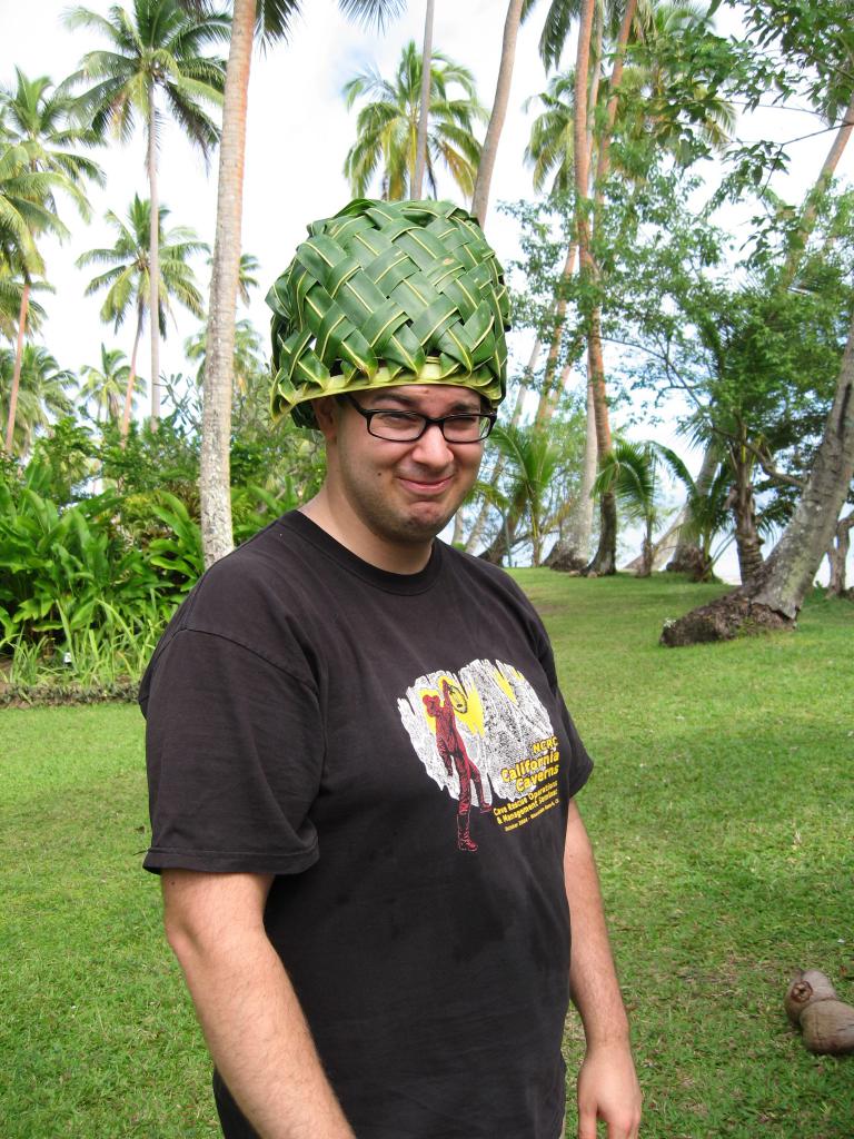 dave with coconut basket hat